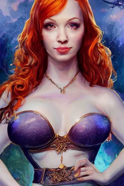 Prompt: frontal standing pose portrait of Christina Hendricks as a thin Sabrina the Teenager Witch, very beautiful young woman, ginger straight hair, Witch style push-up underwire. Intricate, concept art, magic mystique imagery lighting glowing overlay themed, D&D!, fantasy style, sharp focus!, ultra detailed, art by Artgerm and Peter Andrew Jones, WLUP, Magali Villeneuve