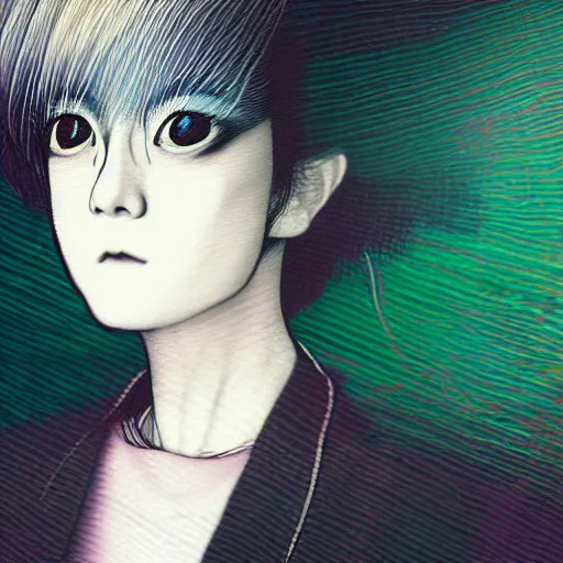 Image similar to yoshitaka amano blurred and dreamy realistic three quarter angle portrait of a young woman with white hair and black eyes wearing dress suit with tie, junji ito abstract patterns in the background, satoshi kon anime, chungking express color palette, noisy film grain effect, highly detailed, renaissance oil painting, weird portrait angle, blurred lost edges