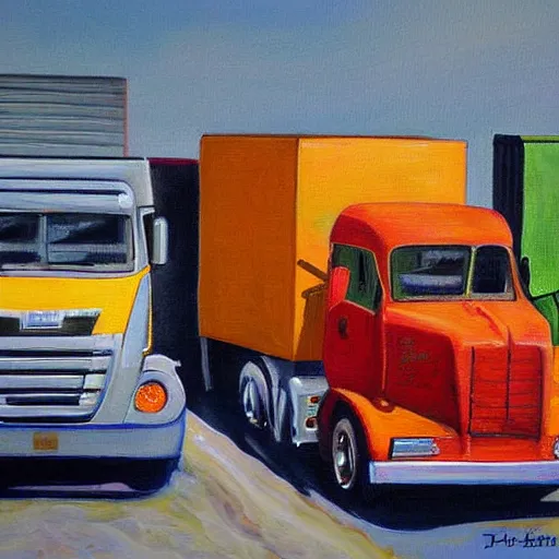 Prompt: an awesome painting with trucks by peter klasen