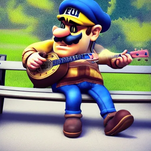 Prompt: Wario from Mario, sitting on a bench in a park and playing guitar,digital art, trending on ArtStation, hyperdetalied, ultrarealistic, 8k, high quality, cinematic,