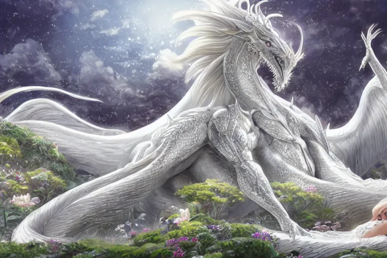 Image similar to a hyper detailed big render of princess lie on the ground be surrounded snuggle by a huge silver white dragon, in the white clouds fairyland center, finely detailed angelic face, style of studio ghibli, makoto shinkai, xision, ilya kuvshinov and artgerm, kazuki tanahashi, james jean, animation, golden curve composition, telephoto lens