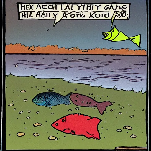 Prompt: a gary larson cartoon about fish