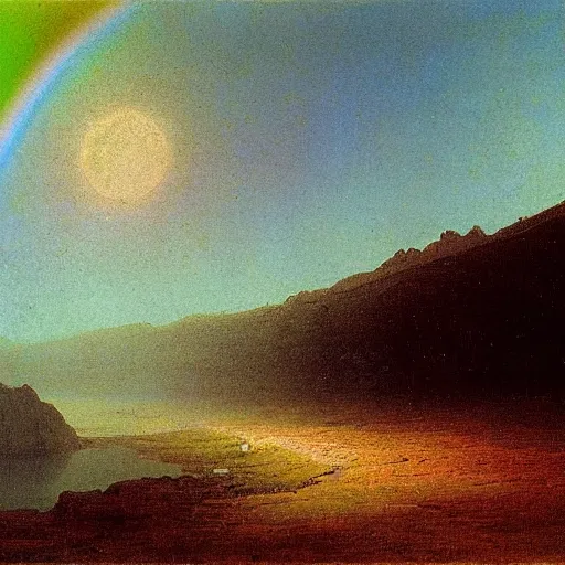 Image similar to rainbow on the moon, landscape, albert bierstadt