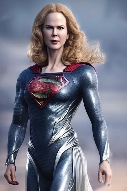 Prompt: a fancy close up of Man of Steel cast as Nicole Kidman by Greg Rutkowski, Sung Choi, Mitchell Mohrhauser, Maciej Kuciara, Johnson Ting, Maxim Verehin, Peter Konig, 8k photorealistic, cinematic lighting, HD, high details, dramatic, trending on artstation, full body armour