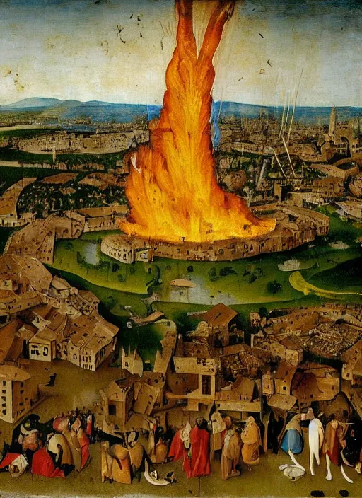 Image similar to Florence on fire, wildfire, Medieval painting by Jan van Eyck, Hieronymus Bosch