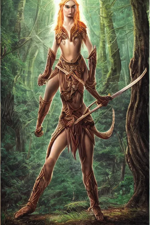 Image similar to Epic painting of a fierce female elven warrior blessed by the light of the forest