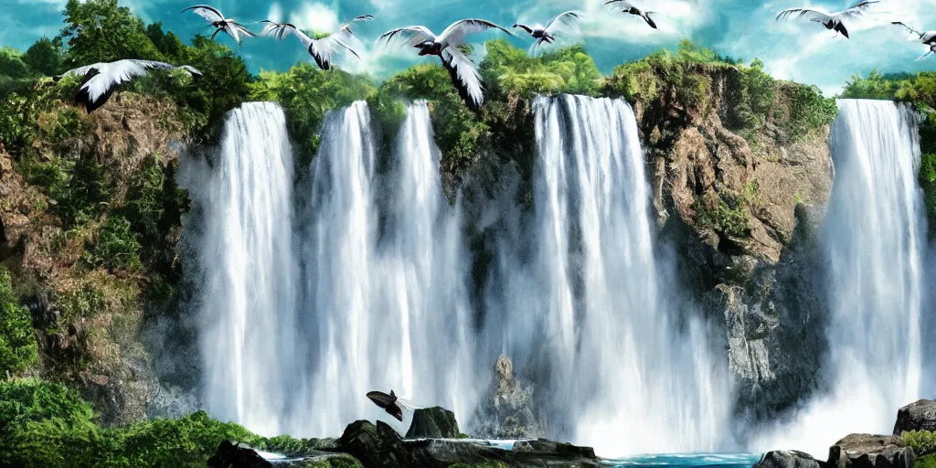 Image similar to a flock of seagulls fly over a majestic waterfall, realistic, detailed,