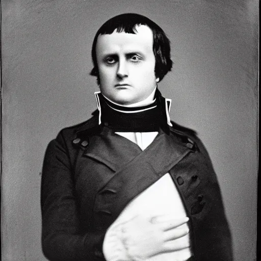 Prompt: photo of Napoleon Bonaparte by Diane Arbus, black and white, high contrast, Rolleiflex, 55mm f/4 lens