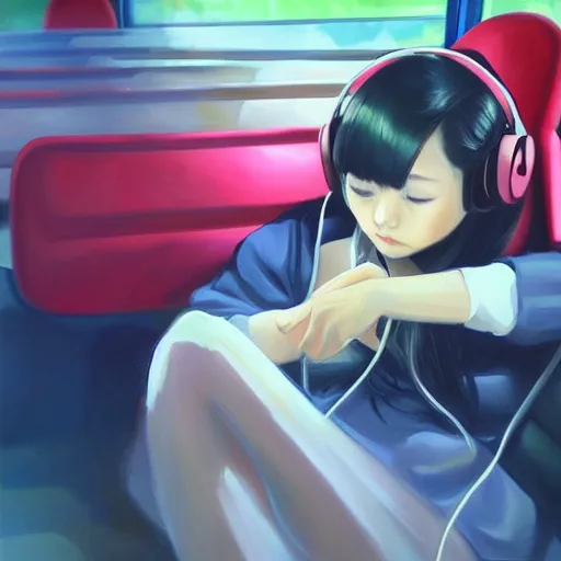 Image similar to a beautiful painting of japanese girl listen to music in the bus,anime,artstation,colorful