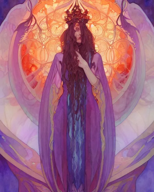 Image similar to Water priestess cloaked in ethereal fire and smoke, watercolor portrait by artgerm and alphonse mucha, anato finnstark, artstation, deviantart