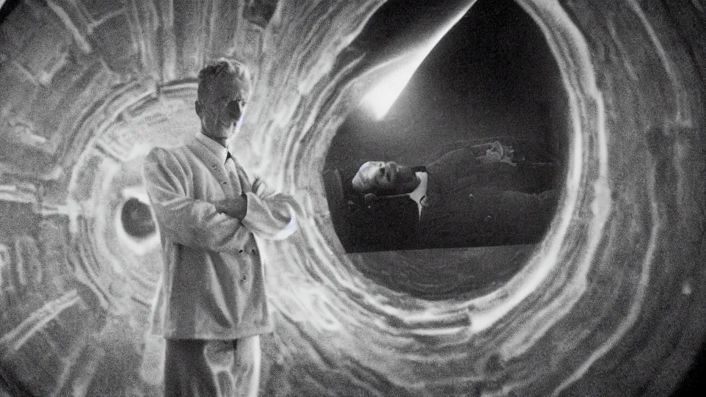 Image similar to an mri slice of james cavell in the living room, film still from the movie directed by denis villeneuve with art direction by salvador dali, wide lens