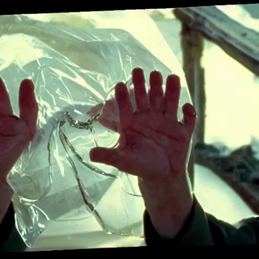 Image similar to screenshot from James Cameron film shows a hand holding a clear plastic bag marked with the biohazard symbol and containing a rabid vampire bat