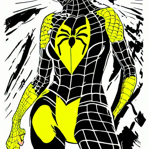 Prompt: black and yellow spiderman girl costume drawn by steve ditko comic book art style, 4 k digital art