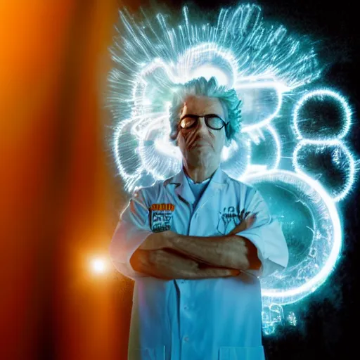 Image similar to portrait of rick sanchez, lab coat and tee shirt, lens flare, atmosphere, glow, detailed, intricate, full of colour, cinematic lighting, 4 k, hyperrealistic, focused, extreme details, cinematic, masterpiece