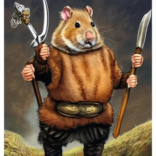 Prompt: cartoon illustration of a hamster dressed as a viking jarl, by Ted Nasmith and by Joe Jusko, 4K, trending on ArtStation, sfumato, centered