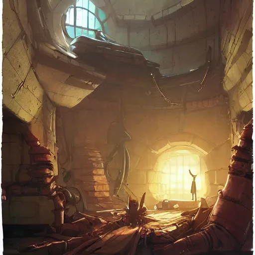 Image similar to A room inside of a sewer lair its neat and clean has a stack on comics on the floor and a sword rack over the bed,Bed, digital art from artstation by Andreas Rocha and Greg Rutkowski and Peter Mohrbacher