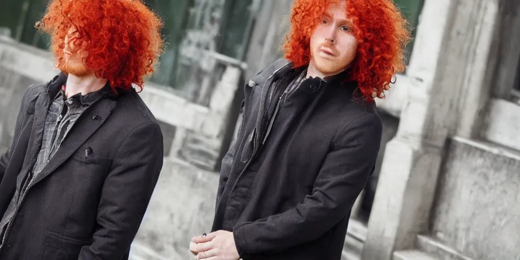 Image similar to man, man, man, man, red hair, black jacket, curly hair, fullbody, Caucasian, short hair,