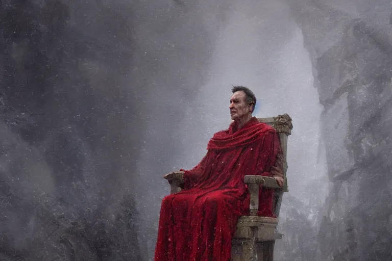 Image similar to the end is near. a tired julius caesar is sitting on his throne. face is highly detailed. splices of red are running down his toga. mist. color scheme red. low angle medium shot. imagined by jeremy lipking