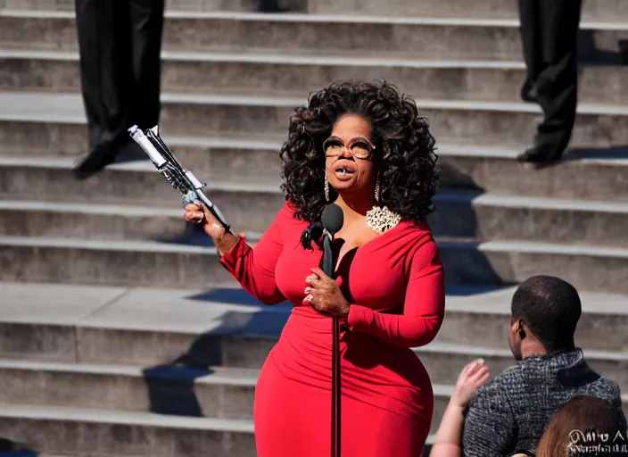 Image similar to oprah winfrey gives inaugural address on the steps of the capitol, 3 5 mm photography, highly detailed, cinematic lighting, standing pose, fully body shot, holding lightsaber 4 k