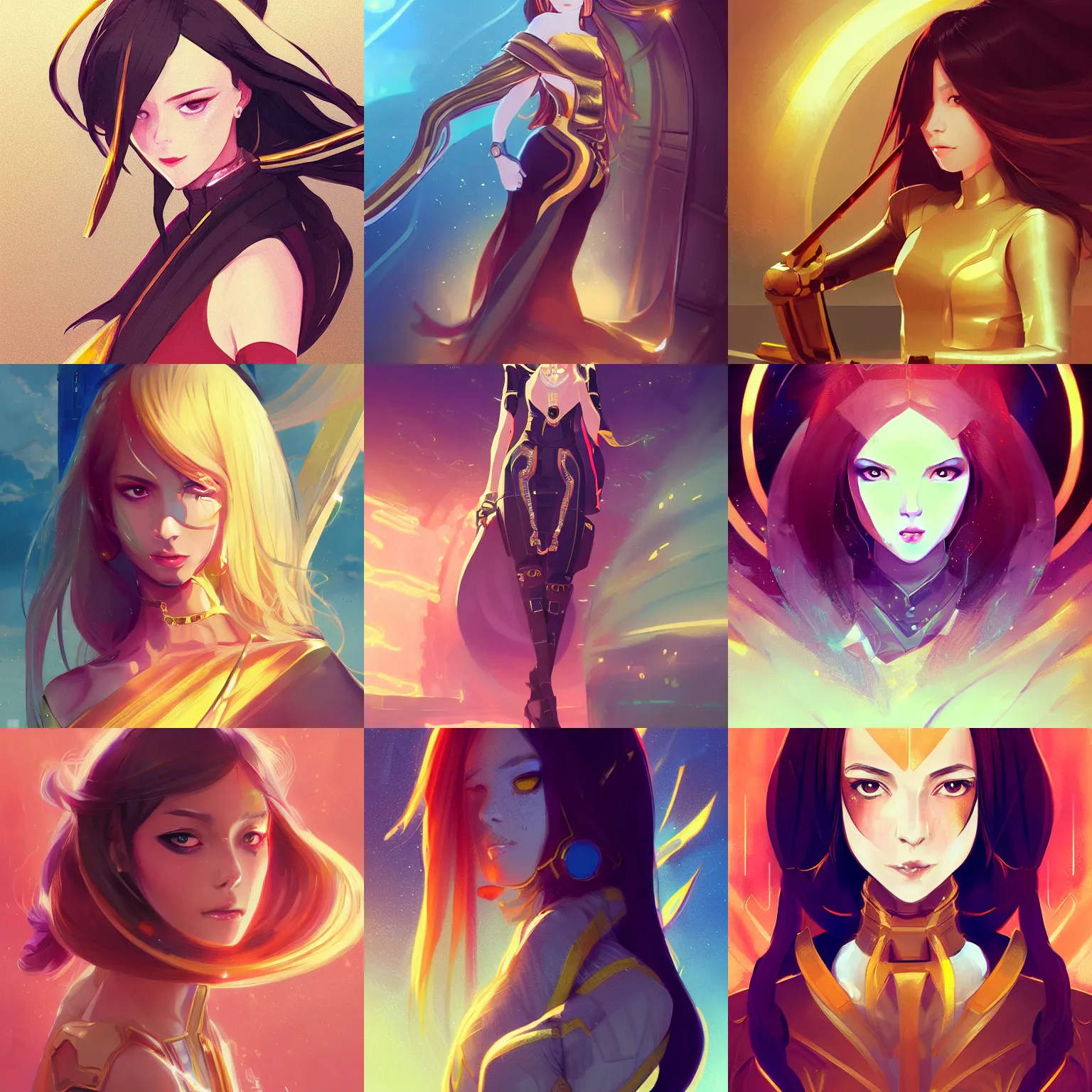 Prompt: portrait girl in futuristic luxurious golden dress holding a ceremonial sword, long curvy hair, colourful palette, pretty face, cute face, symmetrical face, intimidating expression, red eyes, anime by greg rutkowski rossdraws makoto shinkai, adobe illustrator, trending on pixiv, behance