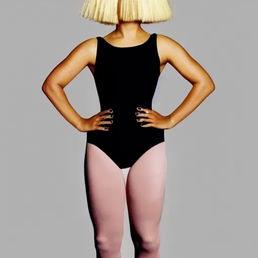 Image similar to sia furler wearing a skin colored leotard full body artistic photoshoot