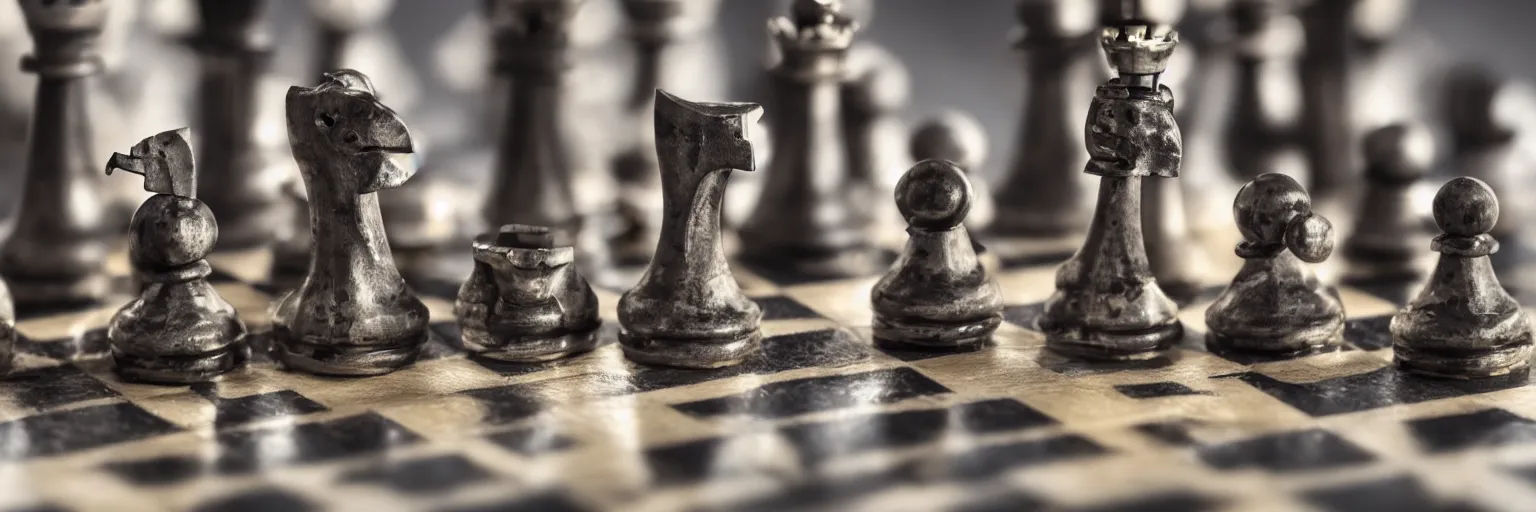 Prompt: Closeup of Rook chess piece as cyborg on chessboard, selective focus, studio shot, dark background, photorealistic image, golden hour, low angle shot, very detailed