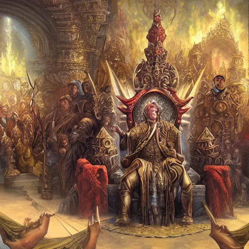 Image similar to a fantasy painting of a crowd around a king sitting on a throne by Tomasz Alen Kopera