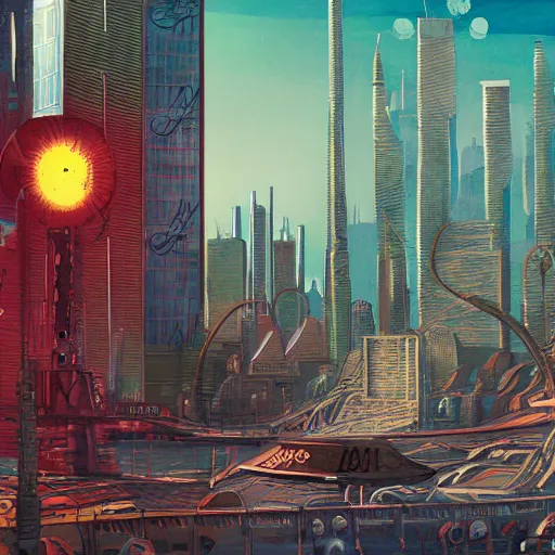 Image similar to vintage poster of a city on a futuristic alien planet, highly detailed, digital painting, concept art, illustration, - h 7 6 8