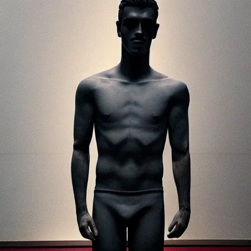 Image similar to “ a realistic detailed photo of a guy who is an attractive humanoid who is half robot and half humanoid, who is a male android, soccer player antoine griezmann, shiny skin, posing like a statue, blank stare, at the museum, on display ”