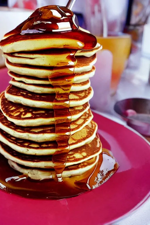 Prompt: a psychedelic stack of delicious pancakes smothered in maple syrup served in a 1 9 6 0's american diner