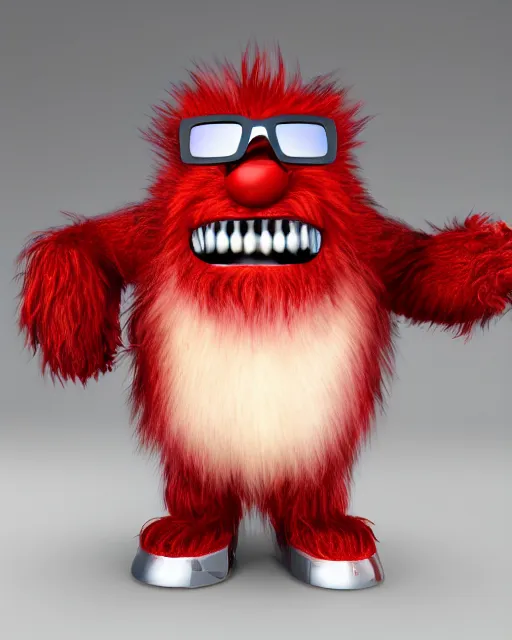 Image similar to 3 d render of completely red hairy friendly monster smiling wearing chrome shades, full body, simple, cute, white background, unreal engine 5 hdr