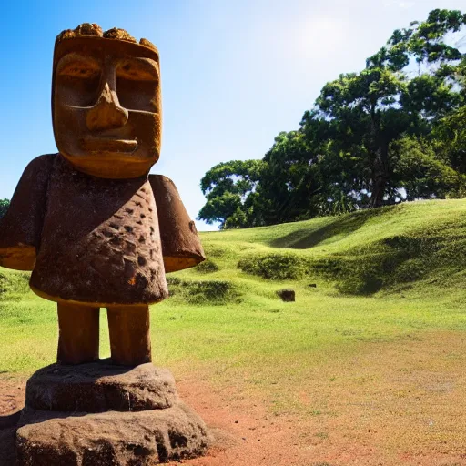 Image similar to a very disgusted and crying kid holding and looking an ice cream cone with a small moai statue in the cone, 4 k photograph