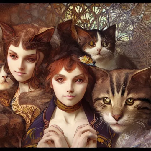 Prompt: a group of cute cats look into the camera, stacked image, intricate, highly detailed, digital painting, artstation, concept art, smooth, sharp focus, illustration, art by artgerm and greg rutkowski and alphonse mucha