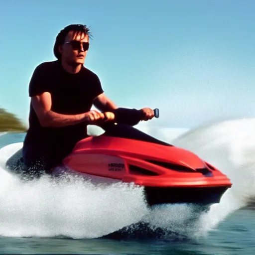 Image similar to john connor on a jet ski 35mm film 4k