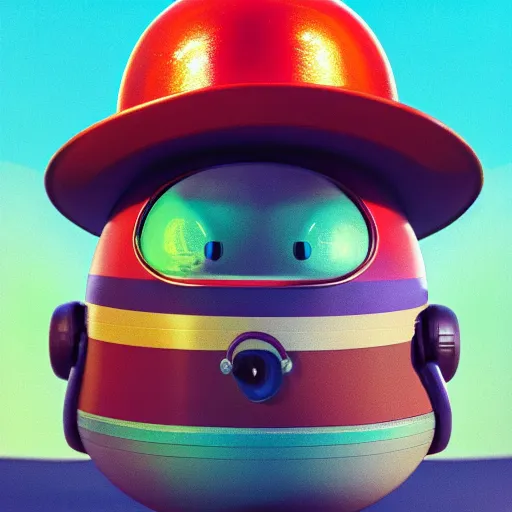 Image similar to full body portrait of a round robot with a moustache wearing hat, painting a canvas, big head, high detail, beautiful light, depth of field, sharp focus, clean design, 4 k, pixar, colorful, octane render