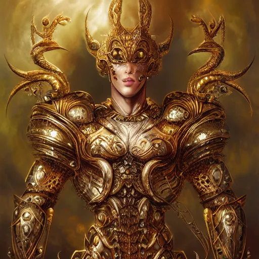 Image similar to a beautiful symmetrical muscular body wearing an armor made of golden ornaments and gems by alex gray and android jones , Karol Bak, Ayami Kojima, Amano , concept art, character design, fantasy,3D, 8k resolution