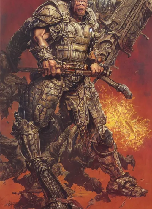 Prompt: full body portrait of ron perlman as towering warrior, dynamic action, by norman rockwell and jesper ejsing and tom lovell and frank schoonover