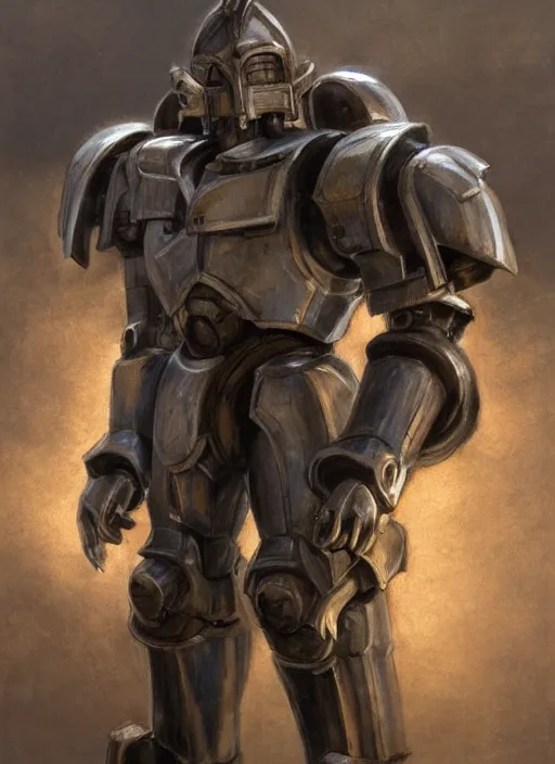 Prompt: medium-length portrait of a male paladin with short curly hair and a greying beard, olive skin, a grim expression and tired eyes, wears a suit of power armor, magitech!, Enchanted power armor, gundam, medieval setting, highly detailed, digital painting, artstation, concept art, sharp focus, illustration, art by greg rutkowski and alphonse mucha