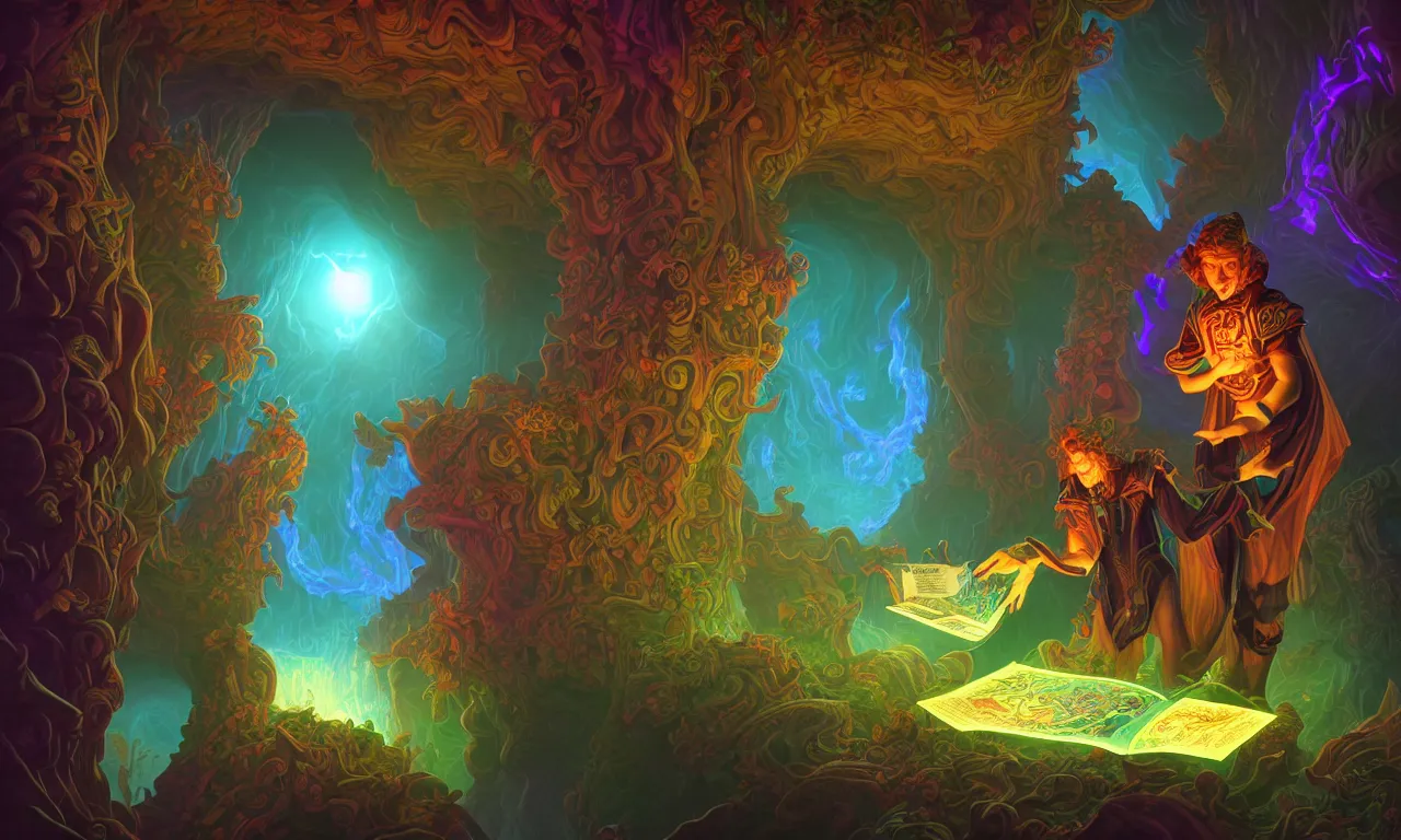 Image similar to large kerberos realm, wizard issues ticket close up, reading a directory, colorful ravine, 3 d art, digital illustration, perfect lighting