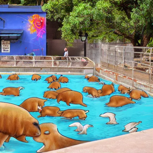 Image similar to digital street art a bunch of capybaras in the community pool