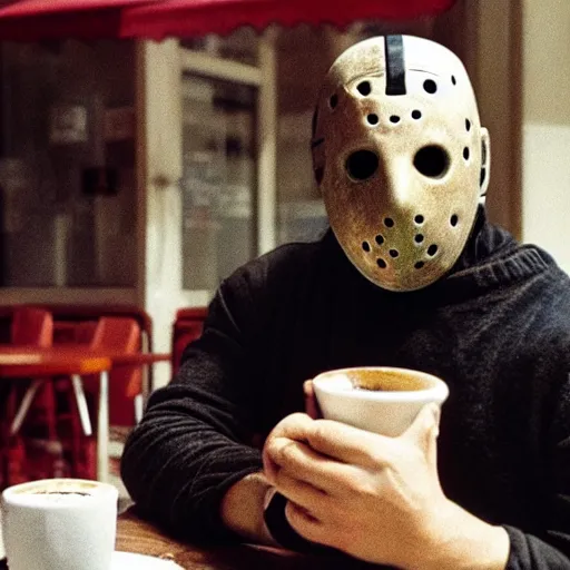 Image similar to photograph of jason voorhees having a coffee at an european caffé