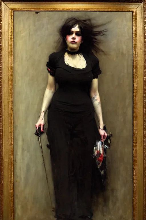 Image similar to solomon joseph solomon and richard schmid and jeremy lipking victorian loose genre loose painting full length portrait painting of a young beautiful woman punk rocker