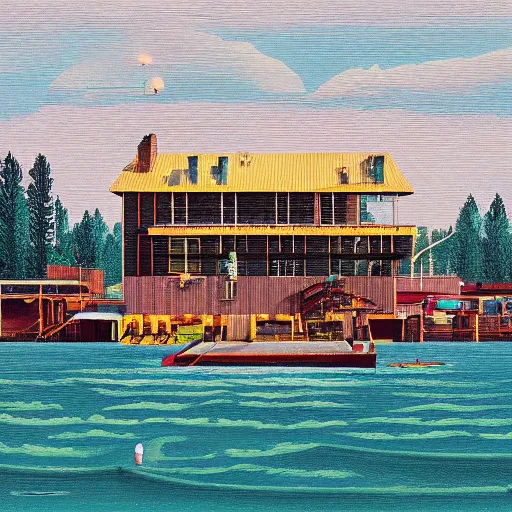 Image similar to yachting club by simon stalenhag