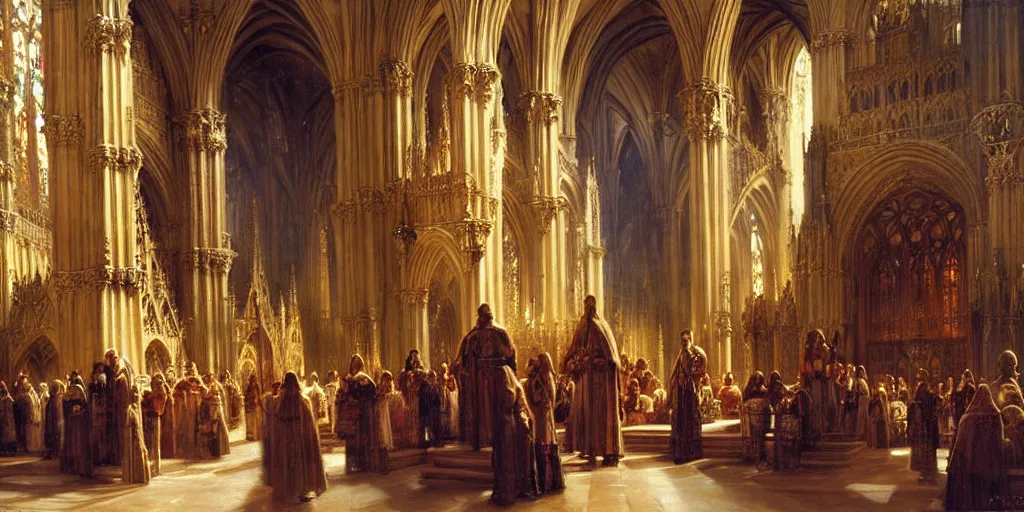 Image similar to inside a giant medieval cathedral, intricate details. highly detailed painting by gaston bussiere, j. c. leyendecker 8 k