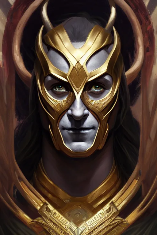 Image similar to symmetry!! portrait of loki in the style of god of war, machine parts embedded into face, intricate, elegant, highly detailed, digital painting, artstation, concept art, smooth, sharp focus, illustration, art by artgerm and greg rutkowski and alphonse mucha, 8 k