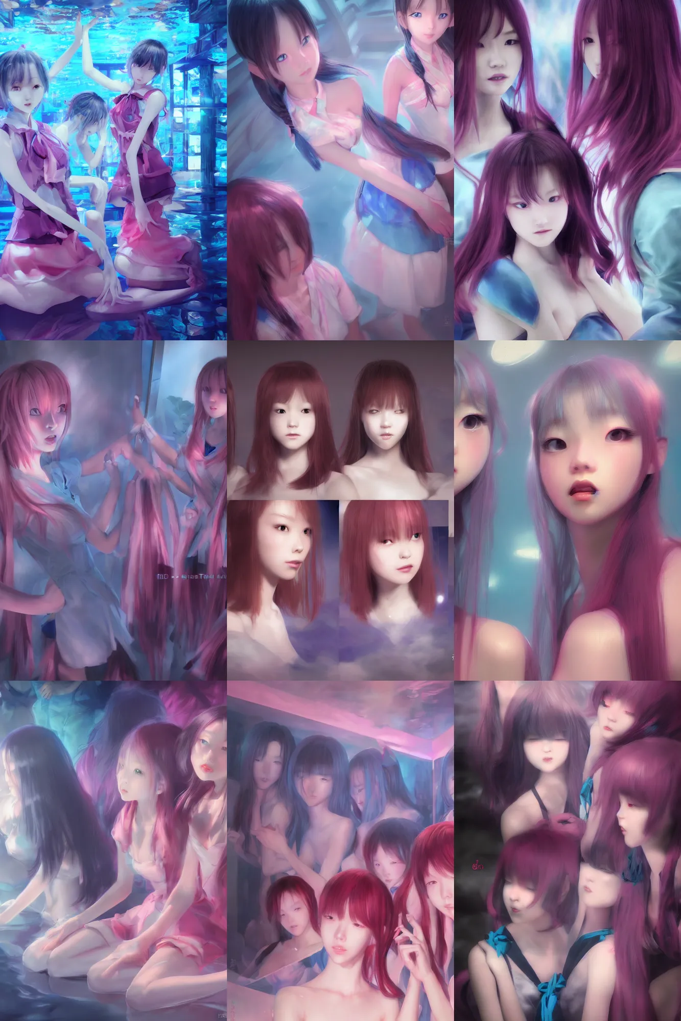 Image similar to 3d dark infrared octane render concept art by D. Jun, by Mo Xiang Tong Xiu, by Igarashi Daisuke, beauty portrait anime schoolgirls under dark pink and blue water. cute face. complex mirror room. dramatic light, trending on artstation.