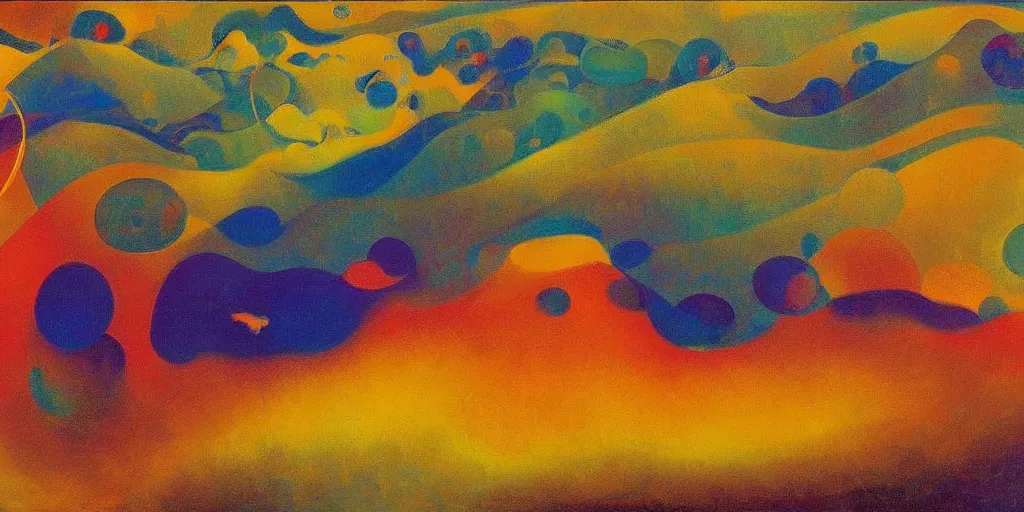 Image similar to An insane, modernist landscape painting. Wild energy patterns rippling in all directions. Curves, organic, zig-zags. Mountains, clouds. Rushing water. Waves. Psychedelic dream world. Odilon Redon. Agnes Pelton. Peter Max.