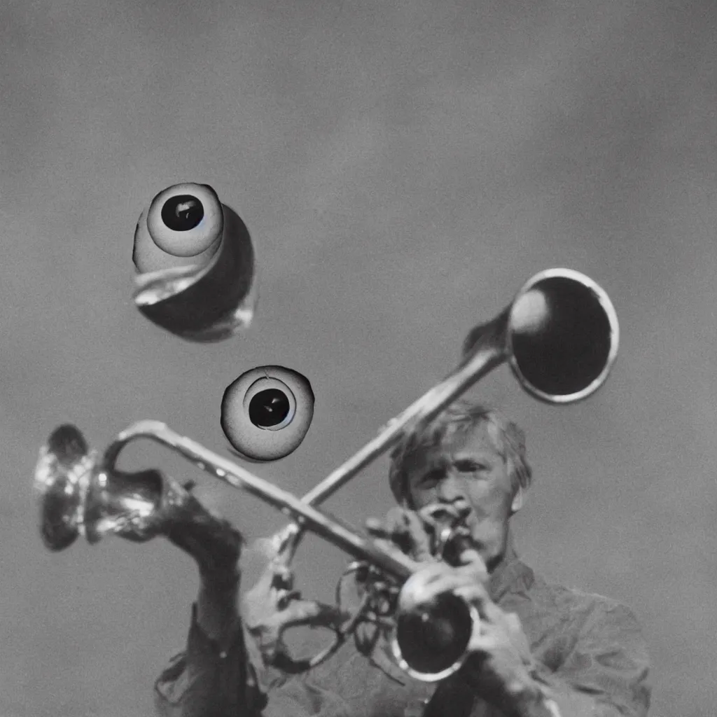 Prompt: Photograph of A large eyeball bouncing down the road playing a trumpet.