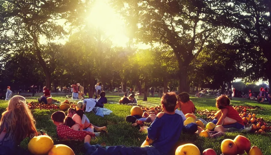 Prompt: 1990s candid photo of a beautiful day at the park, cinematic lighting, cinematic look, golden hour, large personified fruit people in the background, Enormous fruit people with friendly faces, kids talking to fruit people, UHD