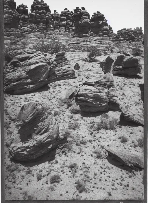 Image similar to Photo of rock formations towering over sparse desert vegetation among rocks and boulders, Utah, albumen silver print, Smithsonian American Art Museum